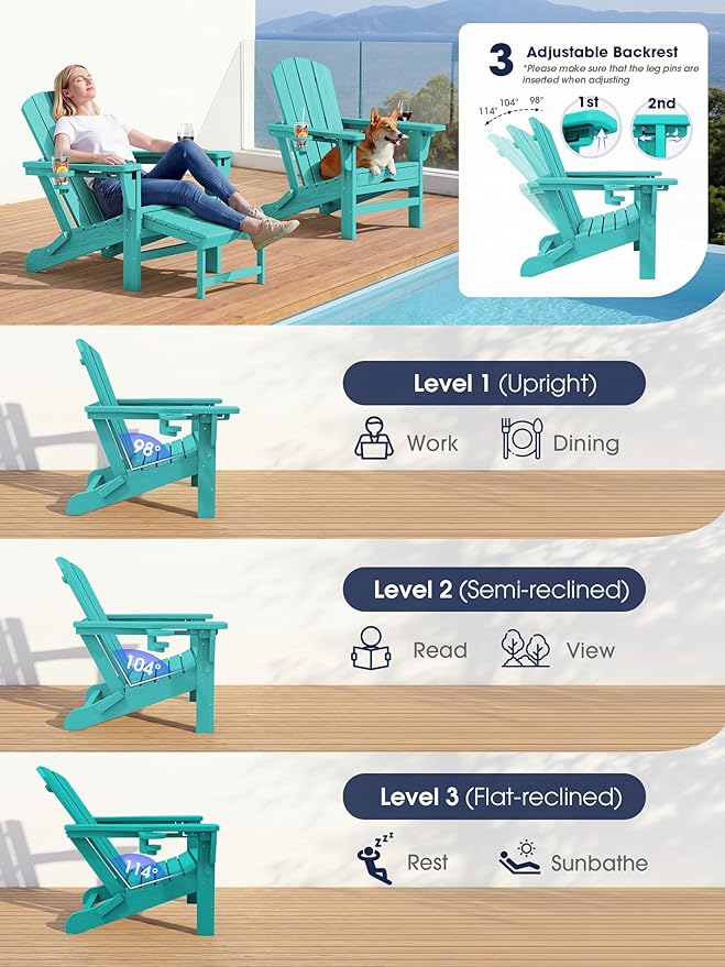 KINGYES Adjustable Folding Adirondack Chairs with Footrest & 2 Cup Holders Set of 2, HDPE Recliner Adirondack Chair with Ottoman, Aruba