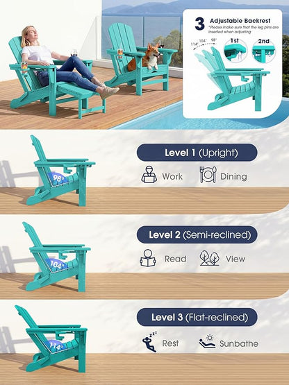 KINGYES Adjustable Folding Adirondack Chairs with Footrest & 2 Cup Holders Set of 2, HDPE Recliner Adirondack Chair with Ottoman, Aruba