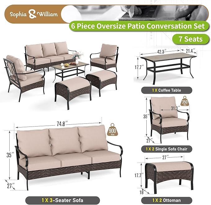 Sophia & William Metal Patio Furniture Set, Outdoor Conversation Set 7 Seats with 3-Seater Sofa, 2 Sofal Chairs - Photo 7
