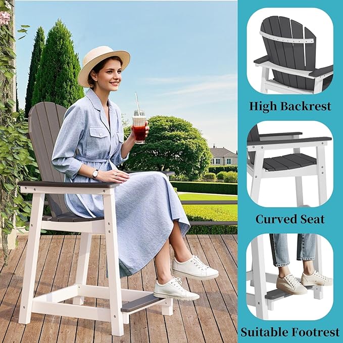 Outdoor Tall Adirondack Chair, HDPE Weather Resistant Outdoor Chair for Garden, Perfect for High Top Table & Chairs on Your Balcony, Capacity 400LBS, Grey