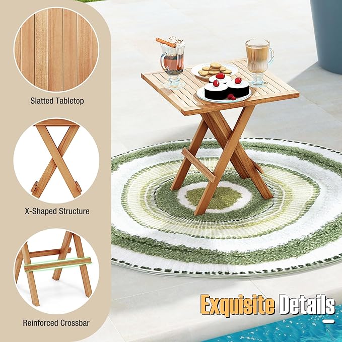 Tangkula Patio Side Table Folding, Teak Wood Square Coffee Table w/X-Shaped Legs & Slatted Tabletop, Portable & Compact Outdoor End Table for Backyard, Deck, Lawn