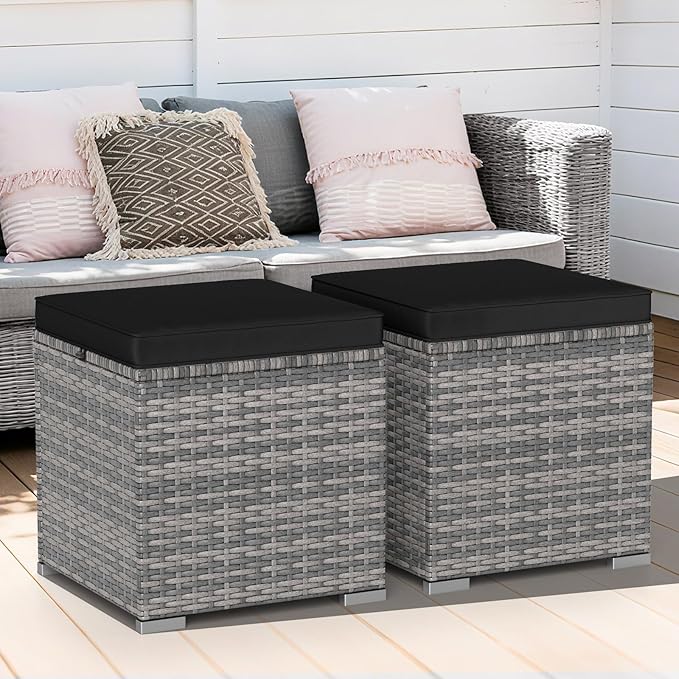 Tangkula 2 Pieces Patio Ottomans, Patiojoy Hand-Woven PE Rattan Side Table with Removable Cushion & Hidden Storage Space - Photo 9