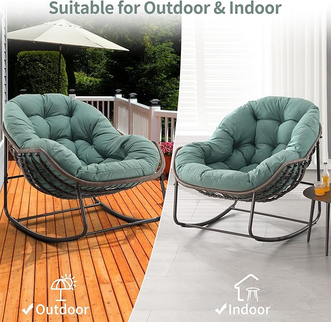 HOMEFUN Outdoor Patio Rocking Chairs, Oversized Papasan Rock Chair Indoor with Padded Cushion - Rocker Egg for Front Porch, Garden, Backyard Green