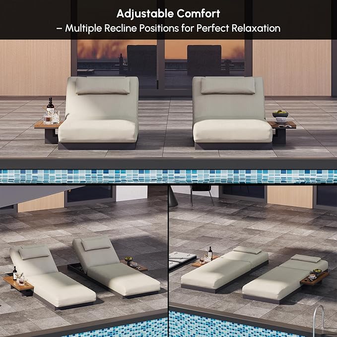 homary Modern Outdoor Lounge Chair, 2 PCS Patio Pool Lounger Outdoor Chaise with Beige Cushions & Built-in Side Table, Adjustable Backrest, Weather-Resistant Metal Frame