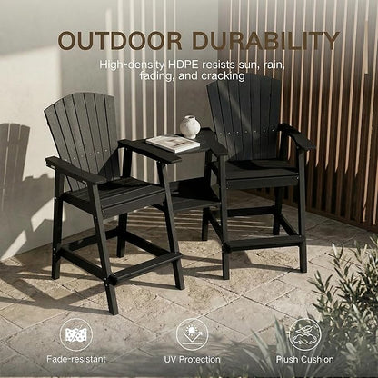 Kingdura Upgraded Tall Adirondack Chairs Set of 2, Weather Resistant HDPE Bar Height Outdoor Stools with Removable Double Connecting Trays, Wooden Grain for Patio, Balcony, Deck (Black)