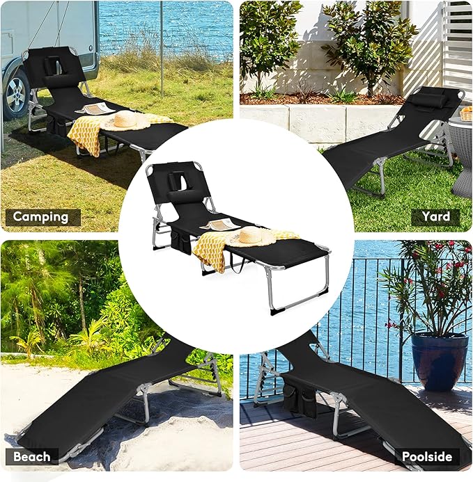 Goplus Tanning Chair, Folding Beach Lounge Chair with Face &Arm Hole, 5-Position Adjustable, Removable Pillow - Photo 8