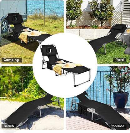 Goplus Tanning Chair, Folding Beach Lounge Chair with Face &Arm Hole, 5-Position Adjustable,Removable Pillow,Side Pocket, Sunbathing Chair, Portable Outdoor Lounge Chair for Patio Pool Lawn (1, Black)