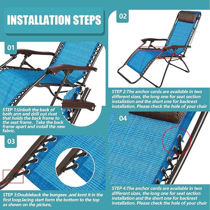 Queekay Chair Replacement Fabric with 4 Bungee Cord Lounge Chair Cloth Mesh Repair Kit for Patio Recliner Outdoor Lawn Pool(63 x 17 Inch,Light Blue)