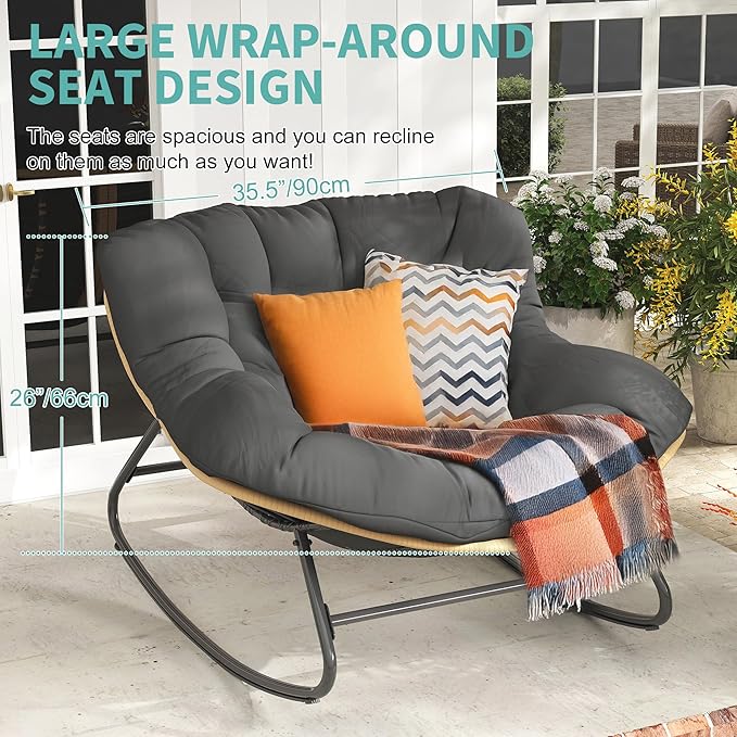 Fancyango Oversized Egg Rocking Chair for Indoor/Outdoor – All-Weather Wicker Rattan Lounge Chair with Cushion, Patio Rocker for Porch, Garden, or Balcony (Dark Grey1, 37.8" D x 36.6" W x 33" H)