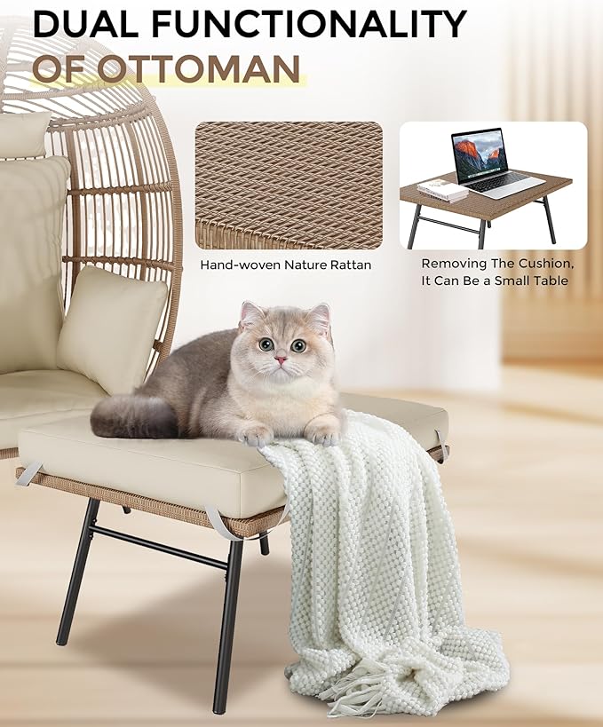 GarveeLife Oversize Wicker Egg Chair with Ottoman, Egg Basket Lounge Chair with Thick Cushion - Photo 5