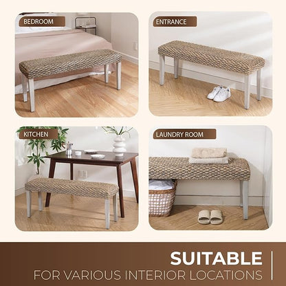Solid Wood Acacia Indoor Bench with Natural Woven Seat, Wood Bench for Living Room or Entryway, Vintage Bench (Fishbone Style, Water Hyacinth) (Plait Style - Grey Leg, Water Hyacinth)