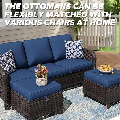 3 Pieces Patio sectional Sofa Set, Outdoor Conversation Furniture Set, 78" 3-Seat Couch with 2 Ottomans, 47" Metal Coffee Table, Rattan Wicker Sofa with Washable Cushions (Navy Blue)