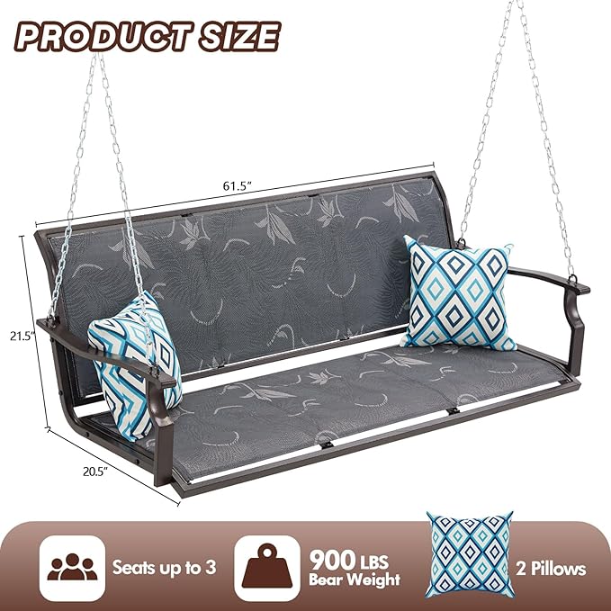 Heavy Duty Porch Swing Outdoor, 900LBS Capacity Textilene Hanging Bench Swing Chair with Extended Chains - Photo 7