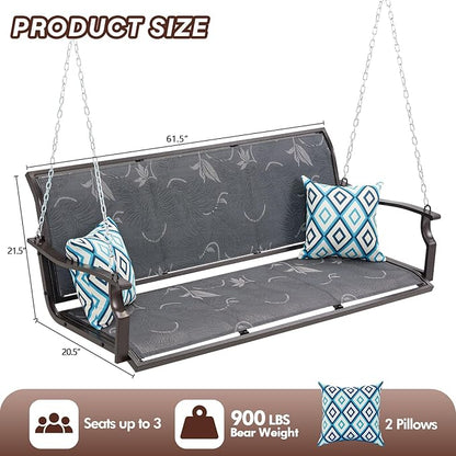 Heavy Duty Porch Swing Outdoor, 900LBS Capacity Textilene Hanging Bench Swing Chair with Extended Chains, 3-Seat Patio Swing with Pillows, Weather-Resistant for Tree, Patio, Backyard, Gray