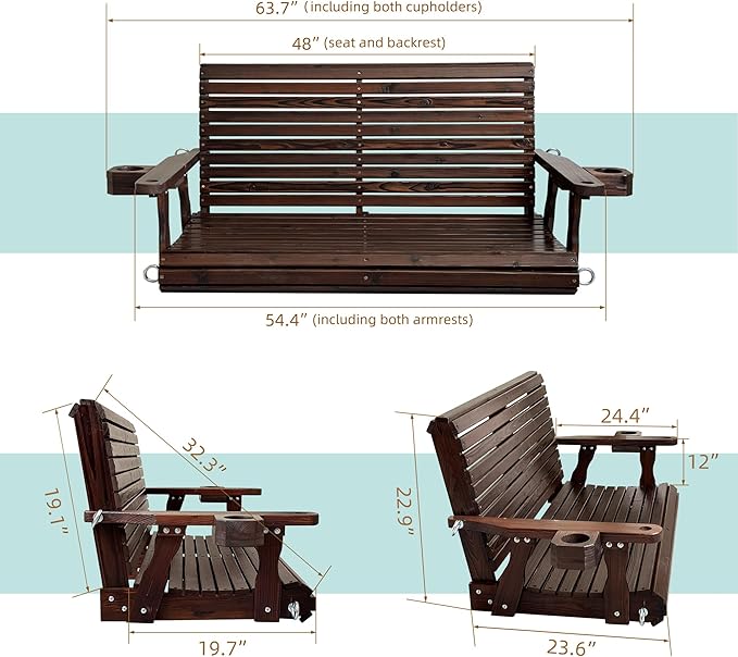Wooden Porch Swing 2-Seater, High Backrest and Deep Seat, Bench Swing with Cupholders, Hanging Chains and 7mm Springs - Photo 6
