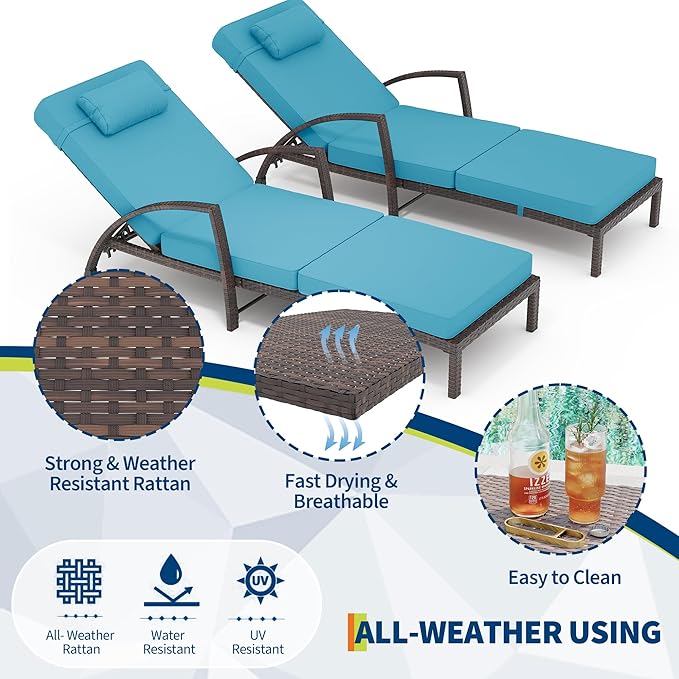 GarveeLife 2-Piece Rattan Patio Folding Chaise Lounge, 5-Position Adjustable Backrest Outdoor Lounge Chair with Cushion and Pillow for Poolside, Backyard, Deck, Porch, Peacock Blue