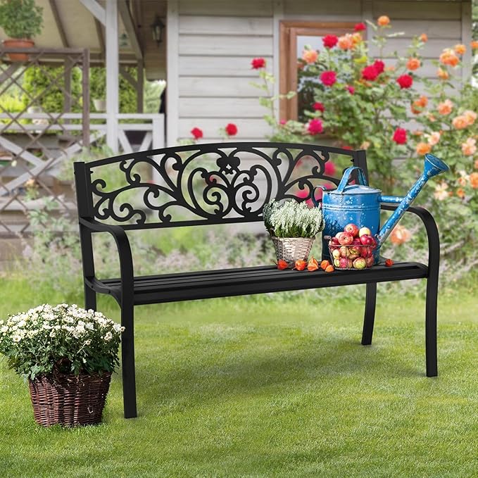 VINGLI Outdoor Bench, Metal Frame Garden Bench with PVC Floral Back Pattern and Slatted Seat, Black Patio Benches for Front Proch Entryway Park