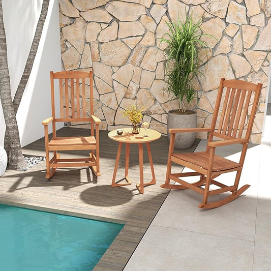Giantex Outdoor Rocking Chair, High Back Patio Rocker w/Armrests, Hardwood Lounge Rocking Chair with Smooth Rocking Base & Slatted Design, Wood Porch Rocker for Backyard, Poolside (2, Natural)