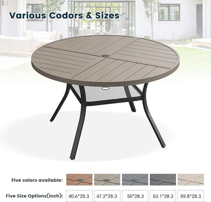 Patio Dining Table for 4-6, Round Metal Outdoor Table with Storage Shelf, 1.57" Umbrella Hole, 47" Outdoor Quartered Tabletop Dining Table for Backyard, Porch, Lawn, Grey