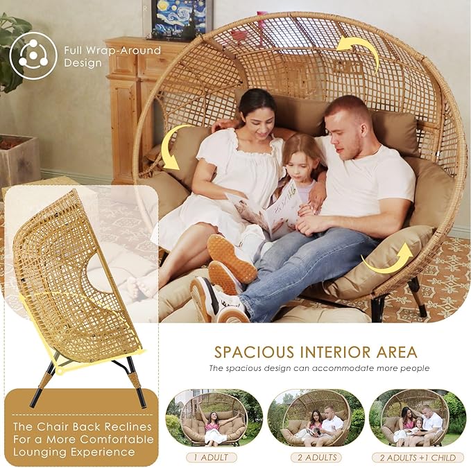 NICESOUL® Double Egg Chair Indoor Outdoor Stationary Oversized Thicken Padded Cushions, 2 Person Egg Loveseat Chair - Photo 5