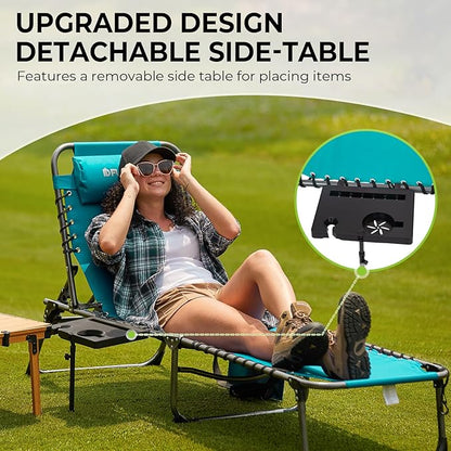 FUNDANGO Chaise Lounge Chair Outdoor, 5-Position Folding Tanning Chair with Detachable Side Table & Pillow, 180° Lay Flat Portable Beach, Heavy Duty U-Frame for Patio, Pool, Lawn, 265lbs (Cyan)