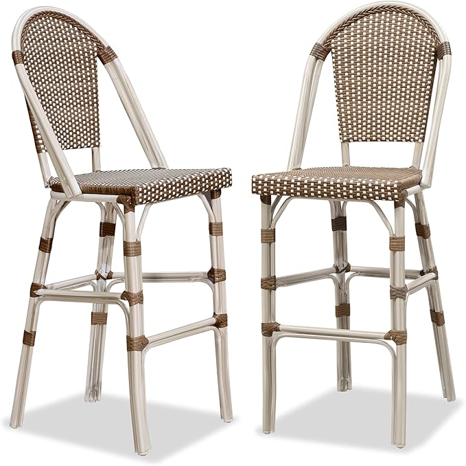 PURPLE LEAF French Bar Stool Set of 2 White Print Finish Patio Bar Stools with Back Rattan Chairs Wicker Bar Height - Photo 1