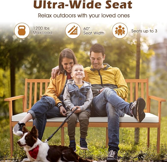 Tangkula 3-Seat Acacia Wood Outdoor Bench with Cushion, 64" Extra Long Garden Bench with Slatted Seat & Backrest, 3-Person Patio Wood Bench for Backyard, Porch, Balcony & Garden