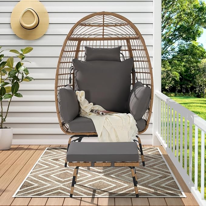 Oversized Wicker Egg Chair with Ottoman, Rattan Patio Egg Chair with Stand and Thick Cushions - Photo 3