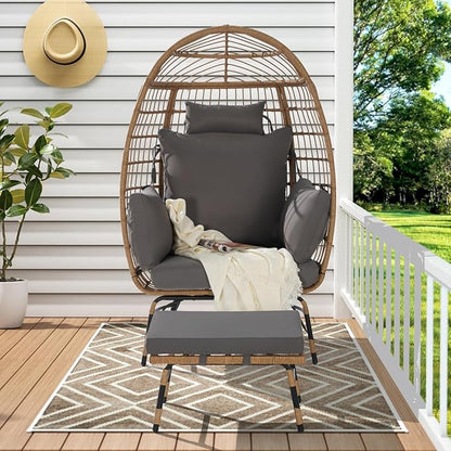 Oversized Wicker Egg Chair with Ottoman, Rattan Patio Egg Chair with Stand and Thick Cushions, Indoor Outdoor Lounge Chair for Backyard, Balcony, Living Room, Dark Gray＋Ottoman