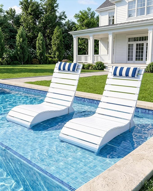 Pool Lounge Chairs Set of 2, HDPE Adjustable Chaise Chairs with Headrest, Weighted Fade-Resistant Pool Chairs and Lounger for Baja Ledge，Poolside and Deck, White