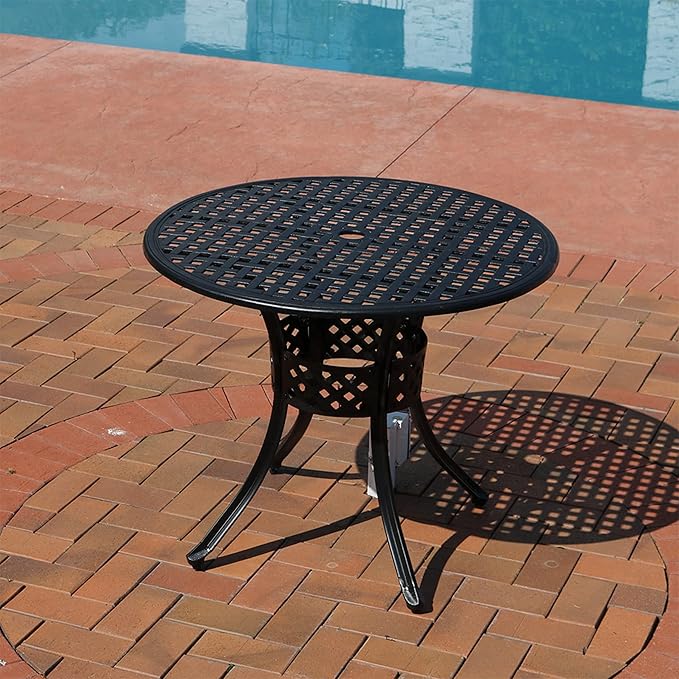 Sunnydaze Decorative Lattice Cast Aluminum Patio Dining Table with Umbrella Hole - 33-Inch Diameter - Black - Photo 2