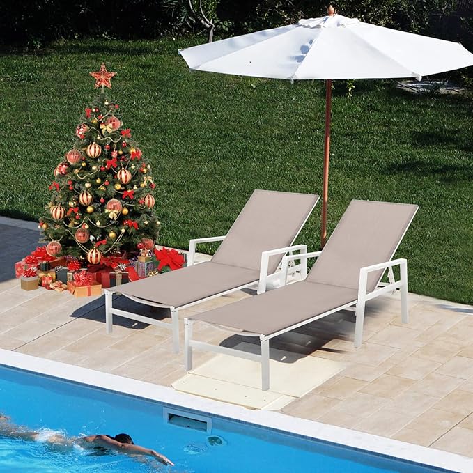 Aluminum Chaise Lounge Chairs Set of 2,5 Adjustable Outdoor Lounge Chaise Chairs,Patio Chaise Lounge with Armrests,for Beach Poolside,Balcony,Yard(Light Taupe)