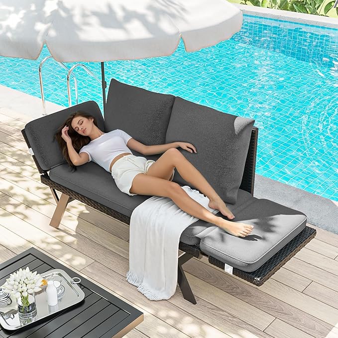 TAVATA Outdoor Patio Sofa, Woven Rattan Patio Loveseat with Adjustable Armrests & Removable Cushions - Photo 8