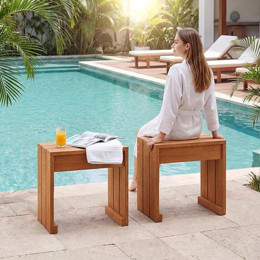 Tangkula Small Wood Outdoor Bench Set of 2, Patio Backless Bench with Solid Wooden Frame, Compact Side Table & Plant Stand with 242 LBS Weight Capacity, Bench for Backyard, Porch, Entryway, Garden