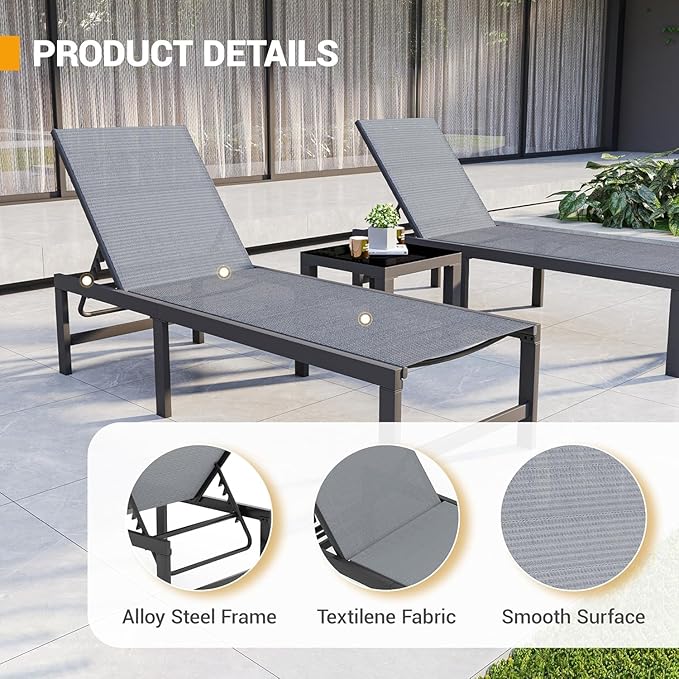 UDPATIO Outdoor Chaise Chairs & Table 3 Pieces Pool Lounge Chair, Adjustable Poolside Sunloungers Lay Flat Sunbathing Chaise with Backrest for Patio, Beach, Yard, Pool