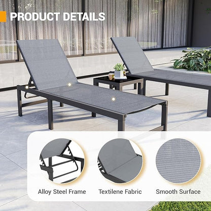 UDPATIO Outdoor Chaise Chairs & Table 3 Pieces Pool Lounge Chair, Adjustable Poolside Sunloungers Lay Flat Sunbathing Chaise with Backrest for Patio, Beach, Yard, Pool