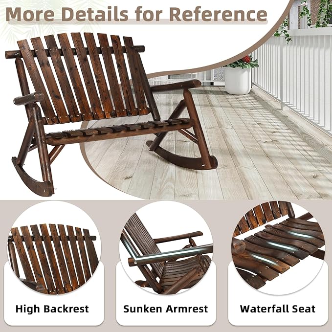 3-Piece Outdoor Wood Rocking Bistro Set, Rustic Wooden Conversation Set Including 2-Seater Loveseat, Log Rocker Chair and Coffee Table, Patio Furniture Chair Set for Lawn Yard, Carbonized