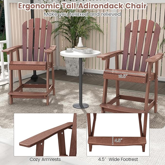 Giantex Tall Adirondack Chair Set of 4, HDPE Outdoor Bar Stools with Armrests, 4.5” Wide Footrest, Patio Adirondack Barstools, All-Weather Balcony Chairs for Poolside, Garden, Backyard (Coffee)