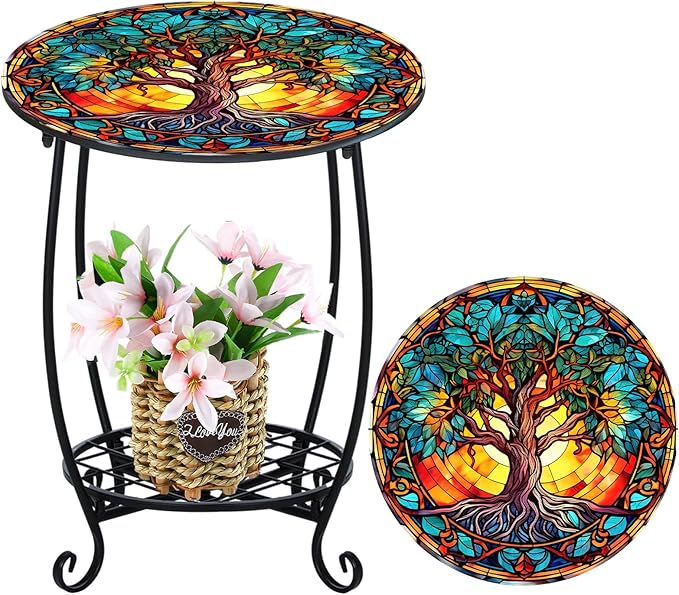 Outdoor Side Table Round Small Mosaic Patio Accent Indoor End Plant Coffee Tea Table for Yard Patio Porch Garden Living - Photo 1
