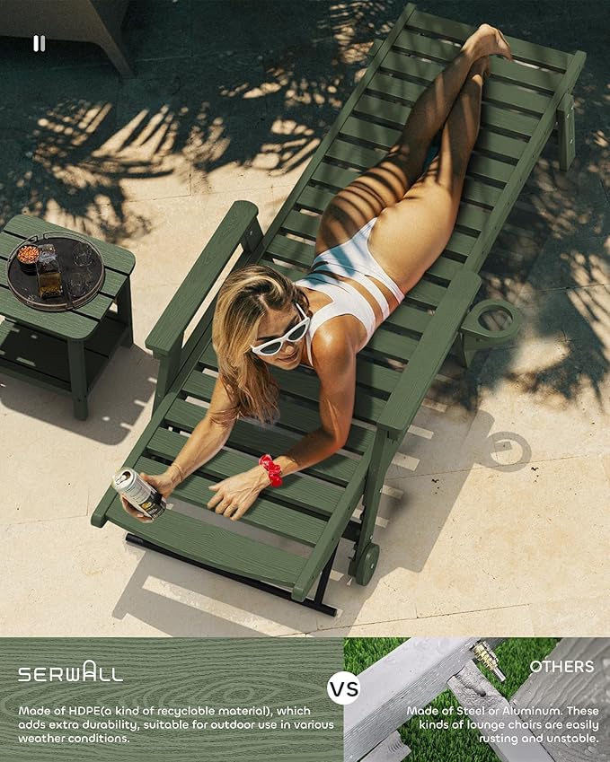 SERWALL Patio Chaise Lounge Chair Set of 2, 78'' Long 5-Positions Adjustable HDPE Outdoor Lounger for Pool - Photo 7