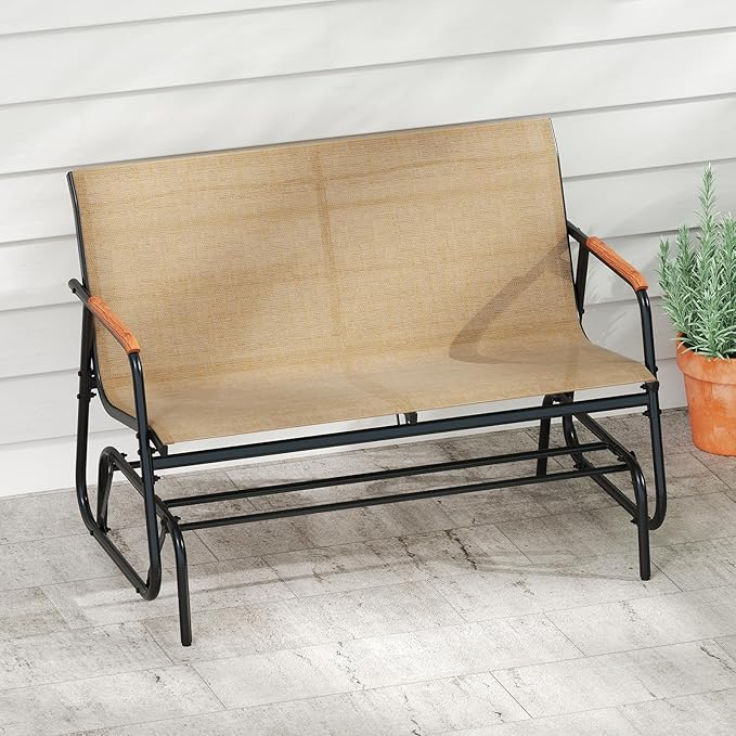 Tangkula 2-Person Outdoor Glider Bench, Patio Gliding Loveseat with Breathable Fabric Seat, Curved Teak Wood Armrests and Metal Frame, Swing Rocking Chair for Backyard, Garden, Porch, Balcony (2 Seat)