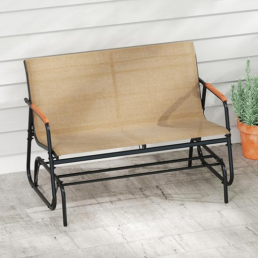 Tangkula 2-Person Outdoor Glider Bench, Patio Gliding Loveseat with Breathable Fabric Seat, Curved Teak Wood Armrests and Metal Frame, Swing Rocking Chair for Backyard, Garden, Porch, Balcony (2 Seat)