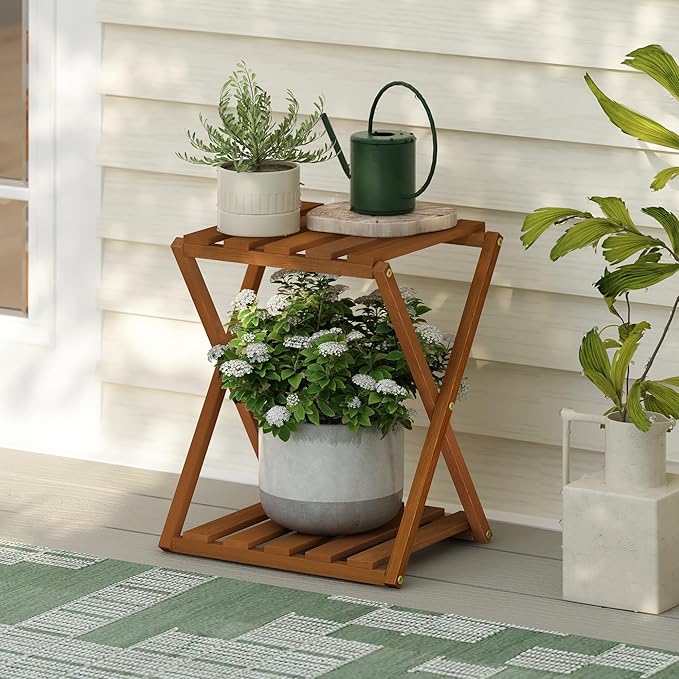 Furinno TIOMAN Patio Table, 2-Tier Outdoor Side Table, Toolless Multipurpose Folding Display Shelf, Plant Stand, for Patio, Garden, Porch, Natural