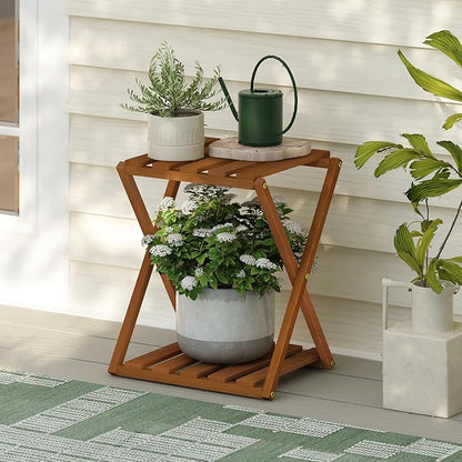 Furinno TIOMAN Patio Table, 2-Tier Outdoor Side Table, Toolless Multipurpose Folding Display Shelf, Plant Stand, for Patio, Garden, Porch, Natural