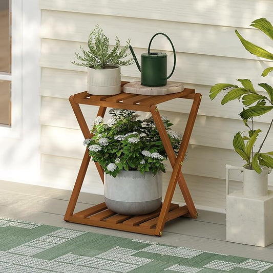 Furinno TIOMAN Patio Table, 2-Tier Outdoor Side Table, Toolless Multipurpose Folding Display Shelf, Plant Stand, for Patio, Garden, Porch, Natural