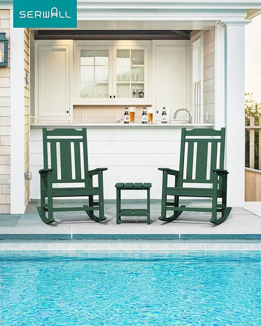 SERWALL HDPE Outdoor Rocking Chair Set of 2, Patio Rocking Chairs Set, Rocking Chair Outdoor for Adults, Green