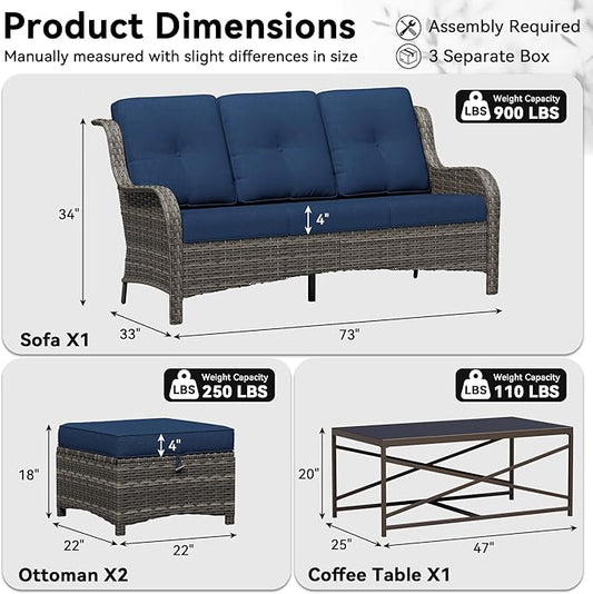 4-Piece Outdoor Couch Set, Includes Wicker Patio Sofa with Thickened Olefin Cushions, High Back and Deep Seating, Hand-Woven PE Rattan and 2 Ottomans, 1 Coffee Table for Porch, Deck