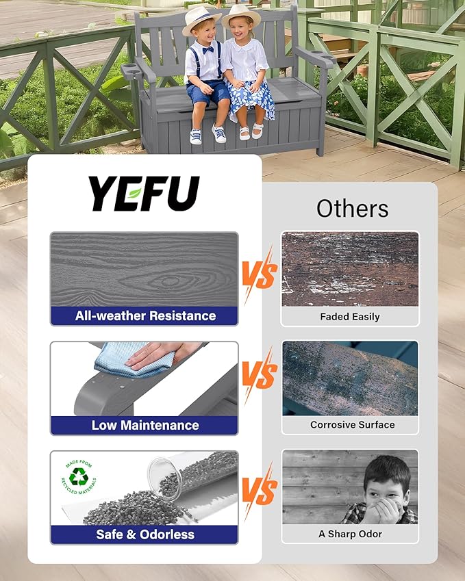 YEFU Outdoor Storage Bench for Patio: Heavy Duty Garden Bench Set of 2 with 96° High Backrest & Oversized Seating - Photo 5