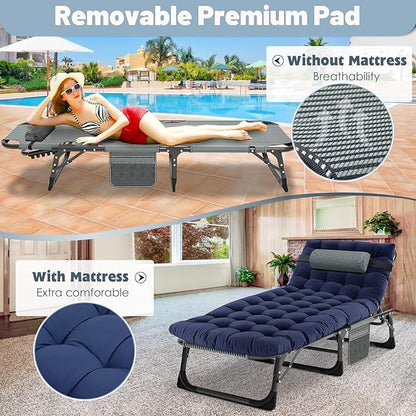 Slsy Folding Lounge Chairs Outdoor, Adjustable Sleeping Cot Chair, Portable Folding Bed Cot Chaise Lounge Chairs for Outside Beach Lawn Camping Pool Sun Tanning