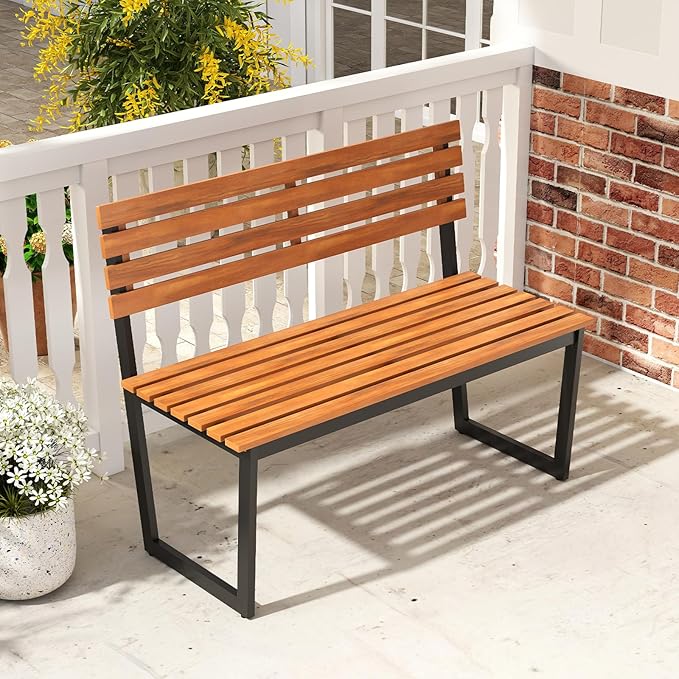 Tangkula 43" Outdoor Wood Bench, 2-Person Acacia Wood Bench with Heavy-Duty Metal Frame, Slatted Seat & Inclined Backrest, 800 lbs Weight Capacity, Patio Bench for Porch, Yard, Balcony, Lawn